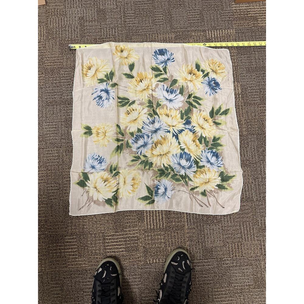 Floral Square Scarf Womens Large Beige Yellow Blue Sheer Head Neck Kerchief